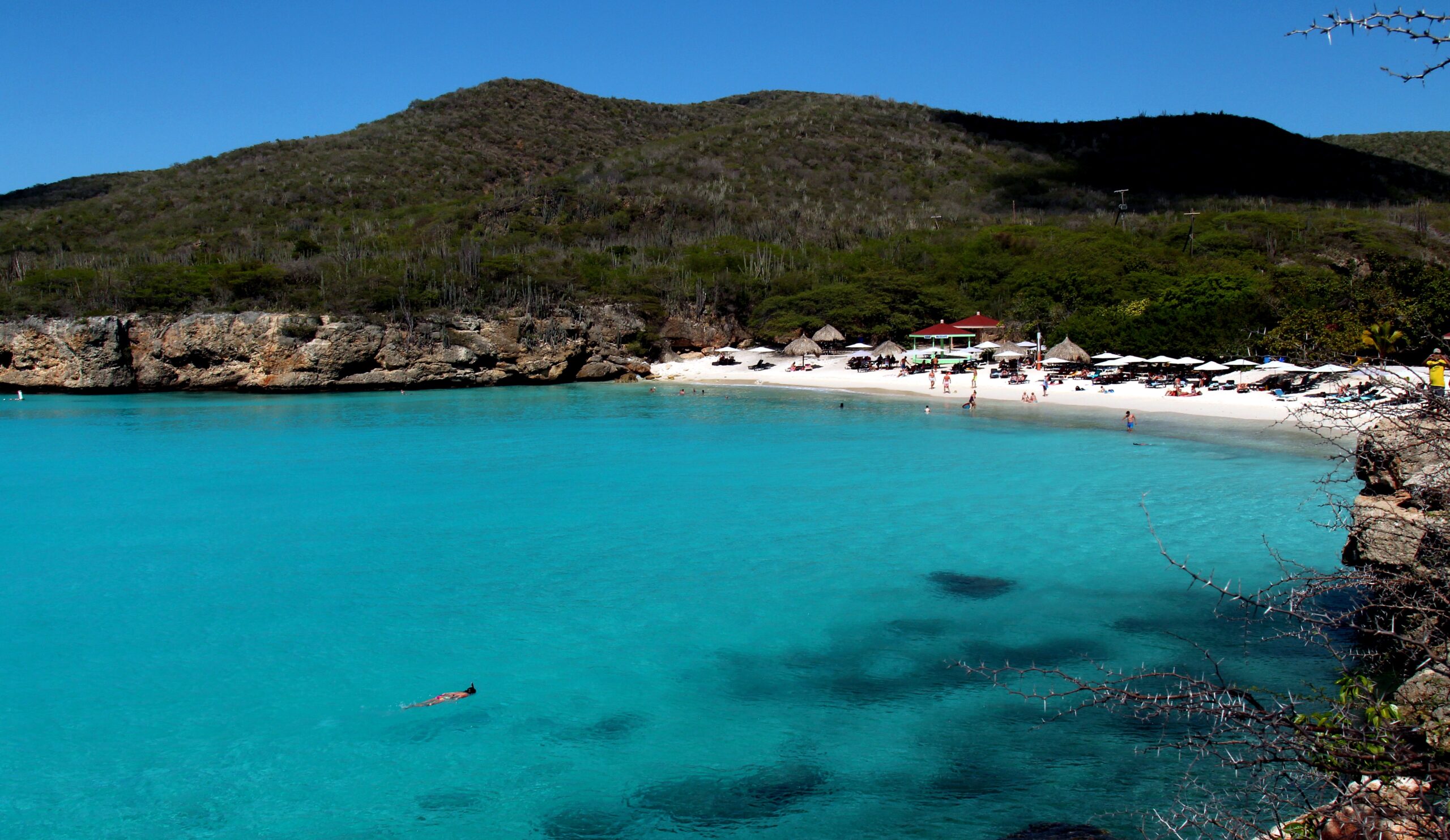 Playa Kenepa Grandi in Curaçao with vivid turquoise water, white sand, rocky shoreline, and low hills