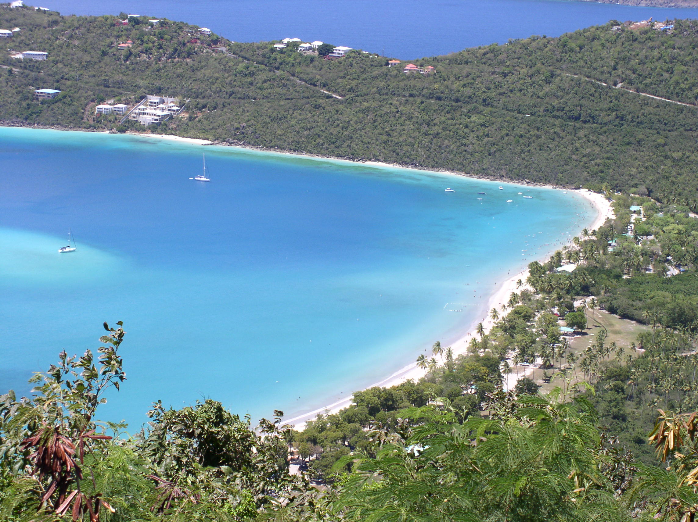 Elevated view over Magens Bay and its turquoise water on St. Thomas