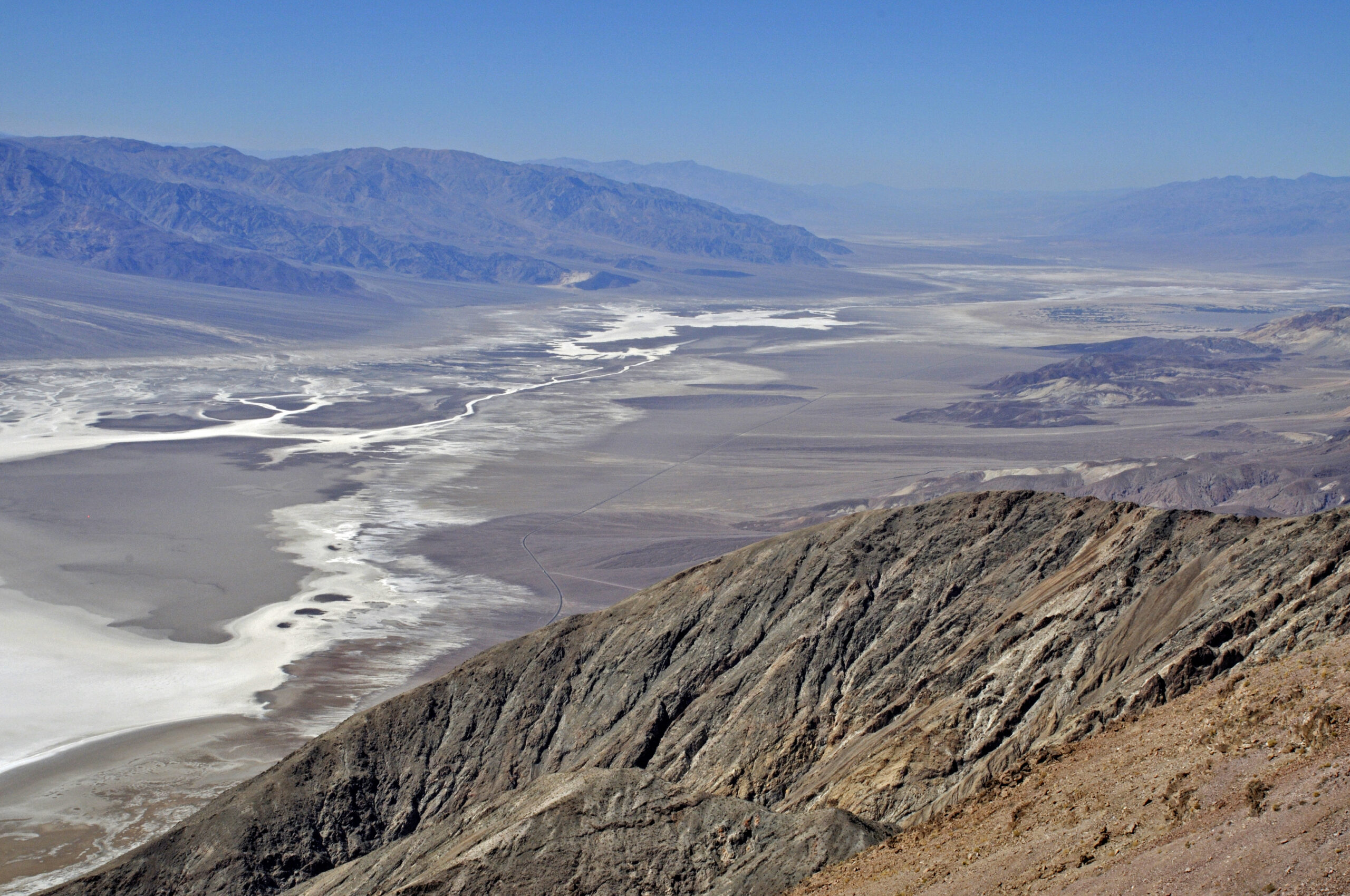 Broad Death Valley basin and surrounding mountain ranges viewed from high elevation.
