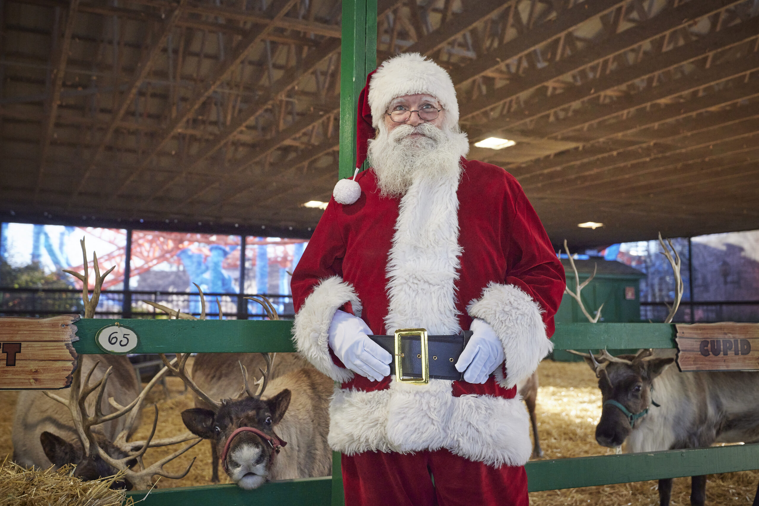 Santa Claus with reindeer at Hersheypark Christmas Candylane in Hershey, Pennsylvania