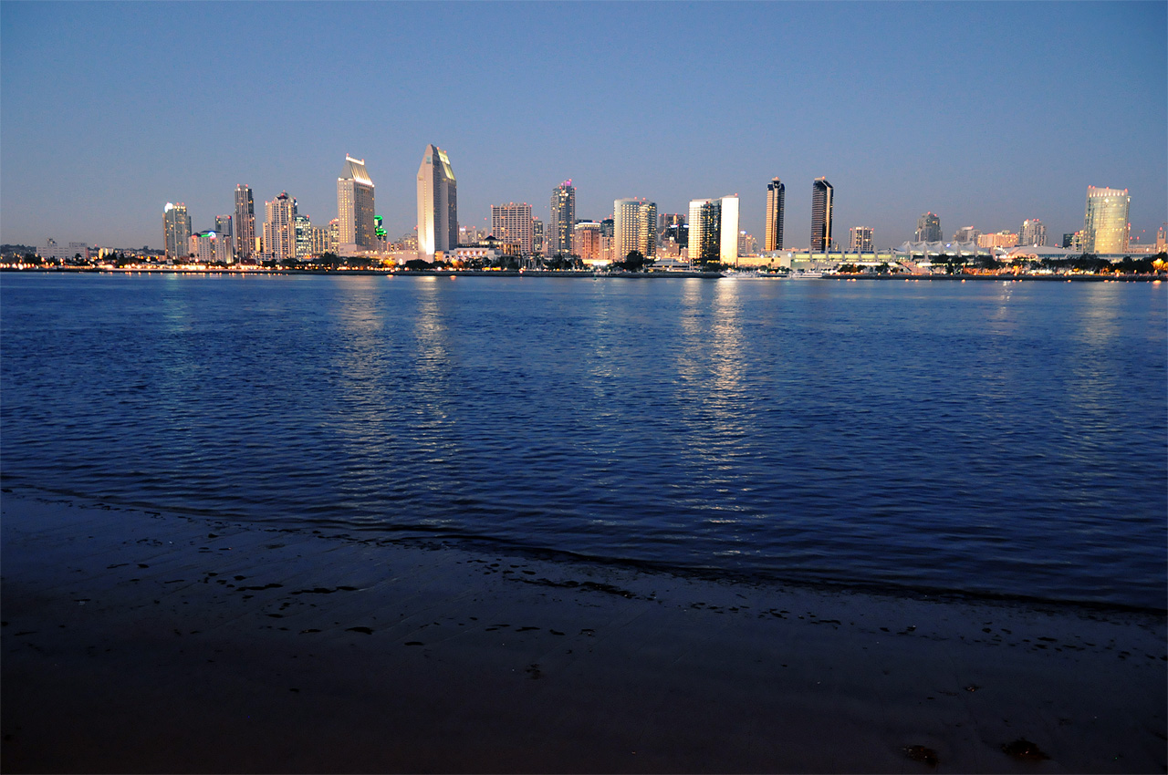 San Diego skyline viewed across San Diego Bay at dusk