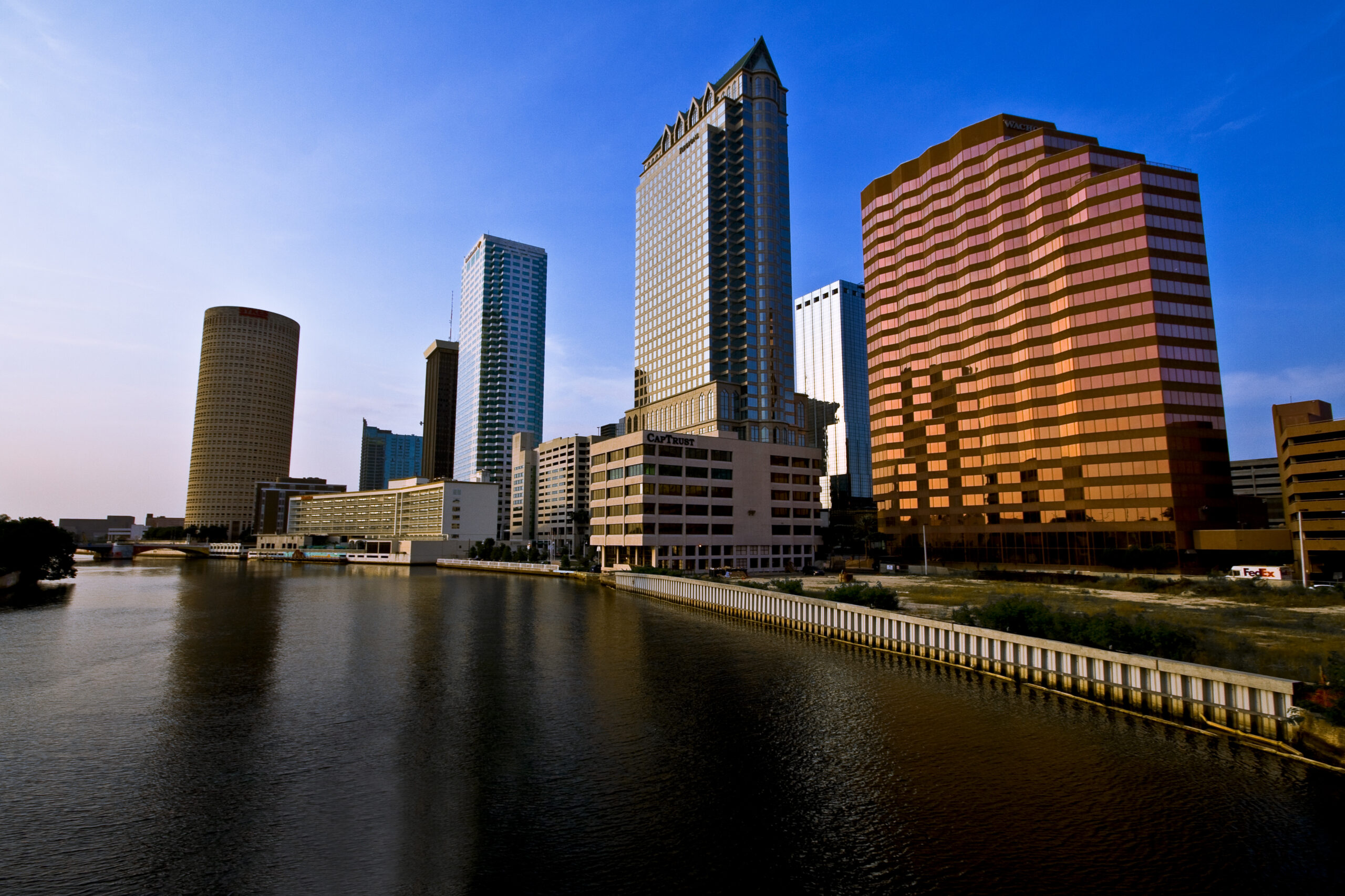 Downtown Tampa skyline beside the Hillsborough River in Florida